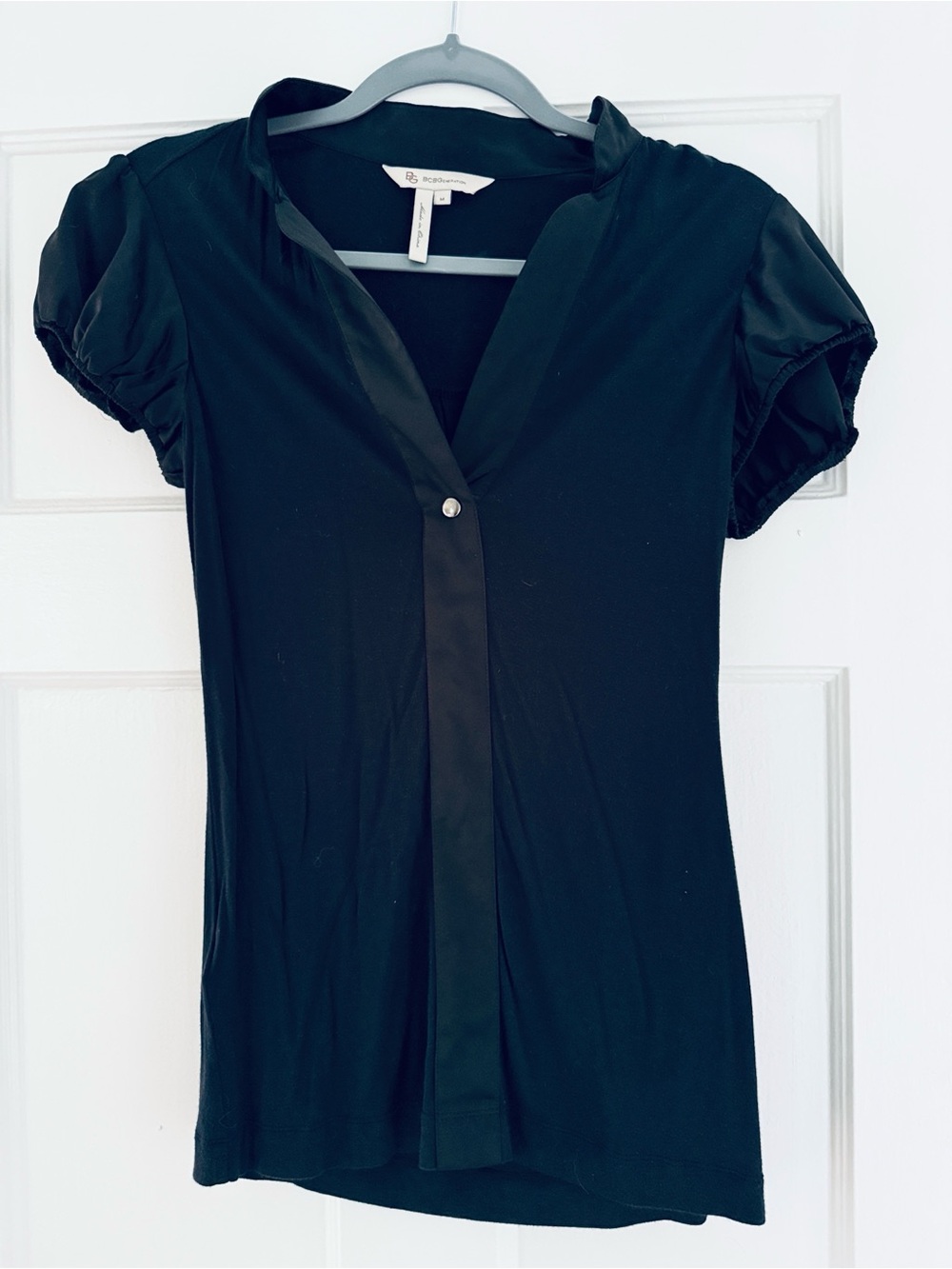 BCBGeneration Black Short Sleeve V-Neck Button-Front Top with Satin Details
